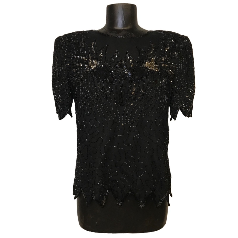 Denise Elle Vintage 1980s Glam Black Beaded Top